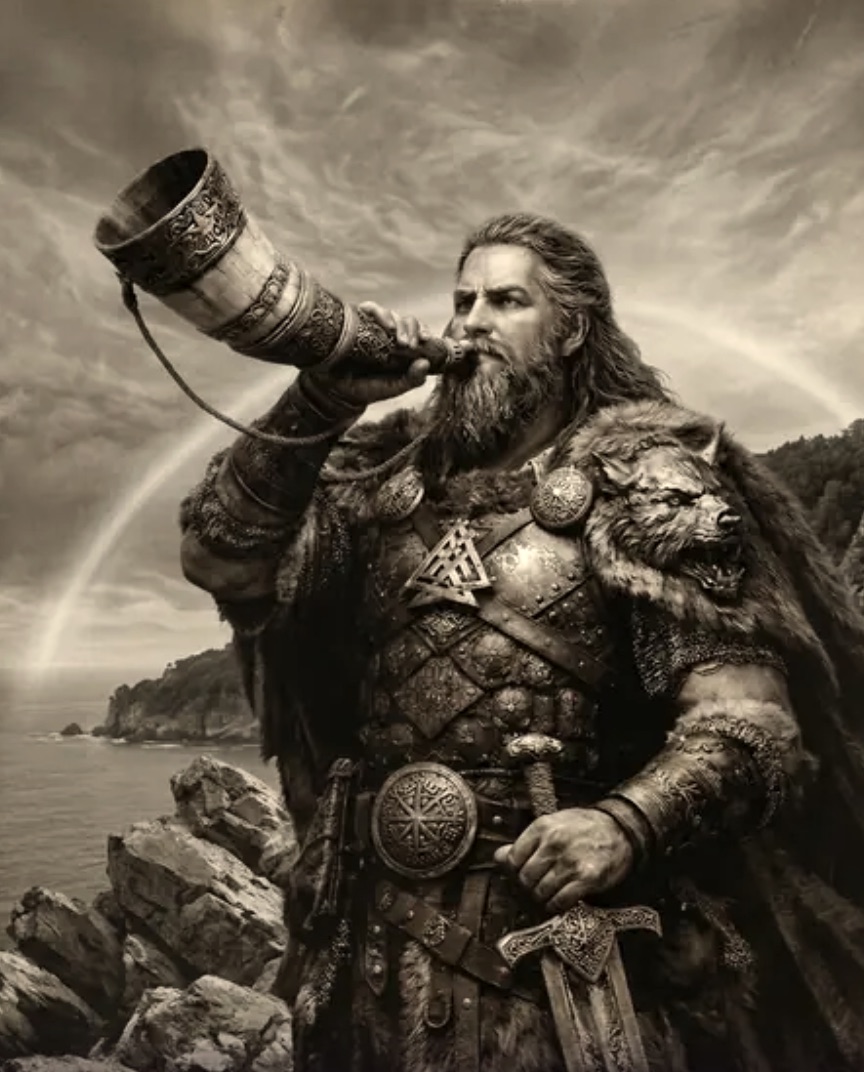 A sepia portrait of Heimdall in armor, raising Gjallarhorn to his lips on a rocky coast